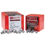 Hornady Lead Round Ball, silver balls displayed in front of two red boxes
