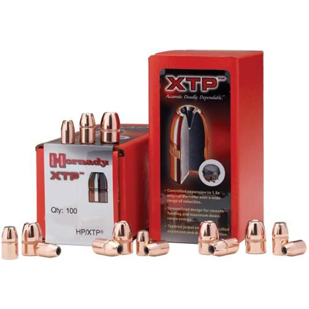 primary-30098 Hornady Handgun Bullets XTPHP, copper-coloured bullets displayed with red packaging