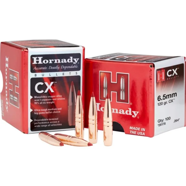 Hornady CX Bullets, red product boxes with copper-colored pointed bullets displayed in front