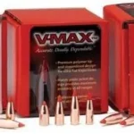 Hornady V-MAX Bullets, red retail boxes with copper-colored pointed bullets displayed in front