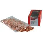 Hornady Crimp-On Gas Checks, copper cups spilling from a clear bag beside a red box