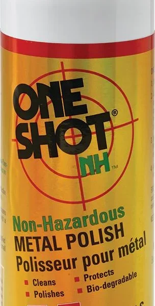 Hornady One Shot Case Polish, front view of white bottle with red and yellow label