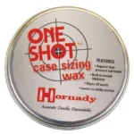 Hornady One Shot Case Sizing Wax, top view of round silver tin with white and red label