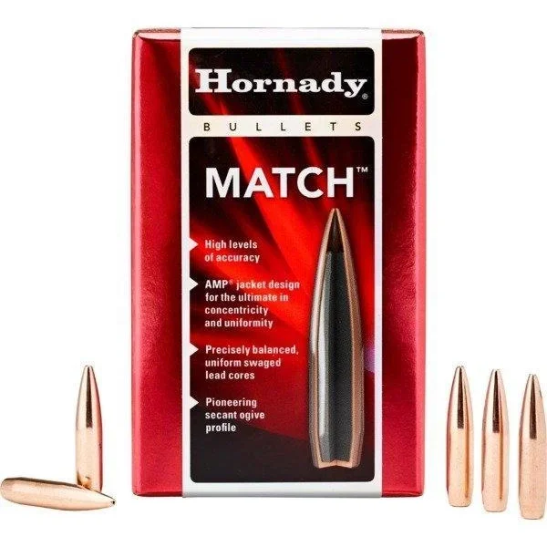 Hornady Match Bullets, red and black box with four copper-coloured bullets, front view