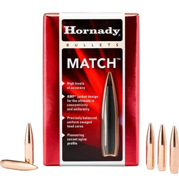 primary-30194 Hornady Match Bullets, red and black box with four copper-coloured bullets, front view