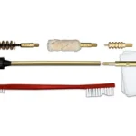 OTIS PISTOL ROD CLEANING KIT with rod, handle, brushes, patches, bottle and cloth laid out