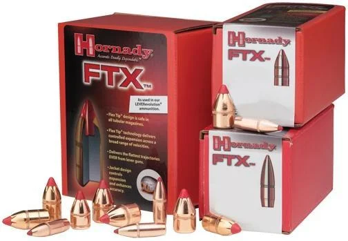Hornady FTX Rifle Bullets, red boxes with pointed copper bullets arranged in front