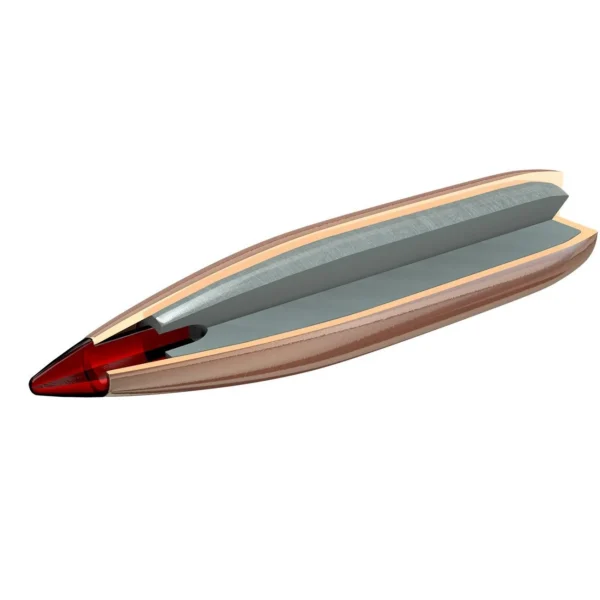 Hornady ELD-X Bullets with Heat Shield Tip, cutaway side view with red tip and gray core