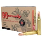Hornady Dangerous Game Rifle Ammunition with tan box and three brass cartridges