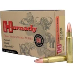 Hornady Dangerous Game Rifle Ammunition, tan box with two brass cartridges