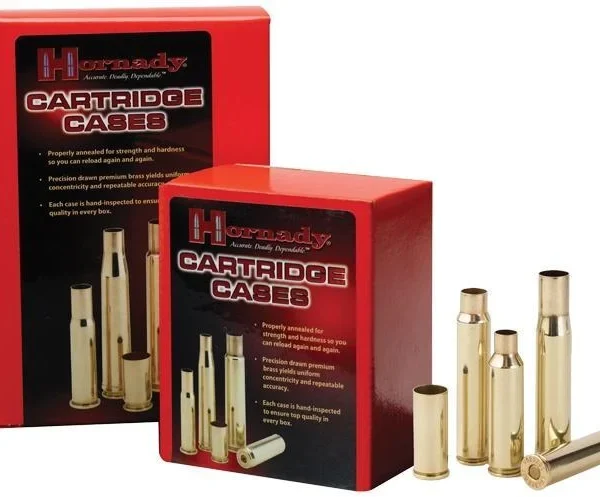 Hornady Unprimed Brass Rifle Cartridge Cases, red boxes with loose brass cases