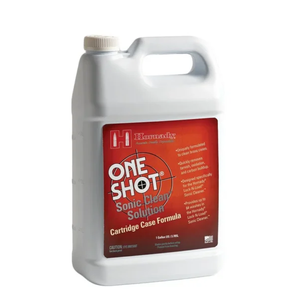 Hornady One Shot Sonic Cleaning Solution, white gallon jug with red label, front view