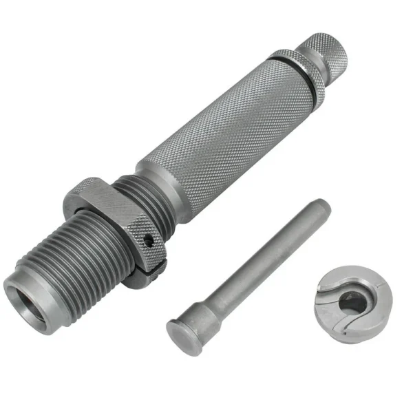 Hornady Lock-N-Load Primer Pocket Swage Tool, silver threaded tool with three loose parts