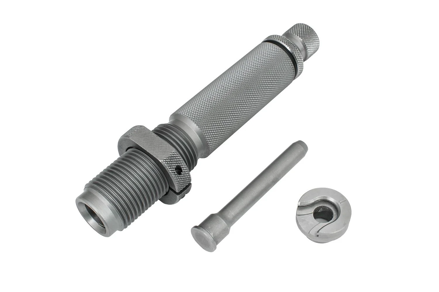 primary-30295 Hornady Lock-N-Load Primer Pocket Swage Tool, silver threaded tool with three loose parts