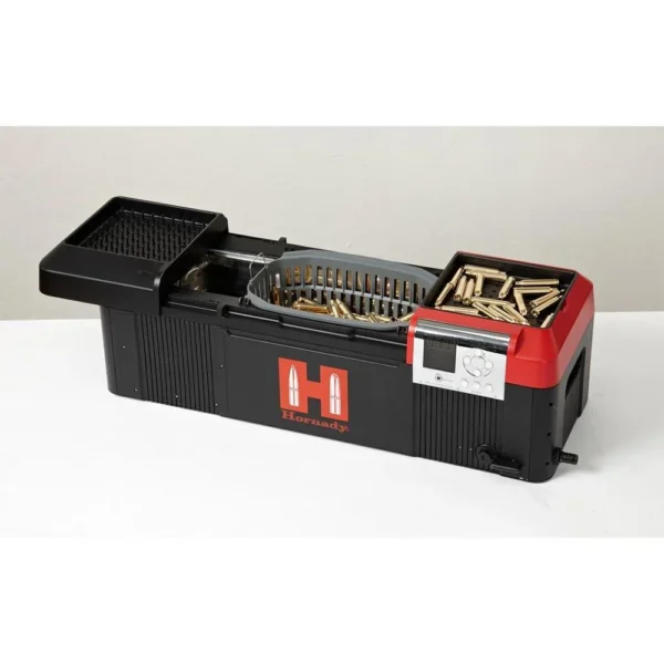 Hornady Hot Tub 9L Sonic Cleaner, black and red unit with open lid and baskets
