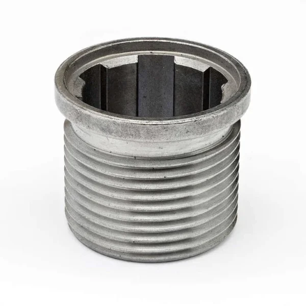 Hornady Lock-N-Load Female Conversion Bushing, silver angled top view with threads and splined interior