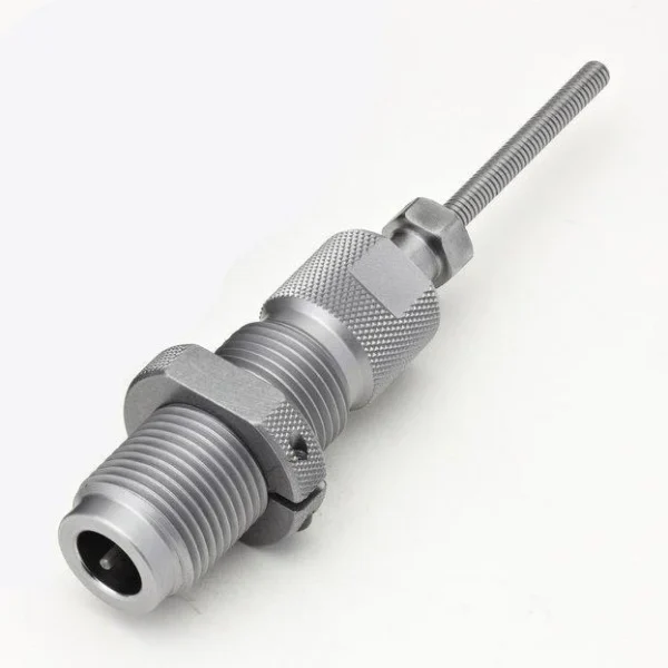 Hornady Single Full Length Sizer Die, angled view of silver threaded die with knurled spindle