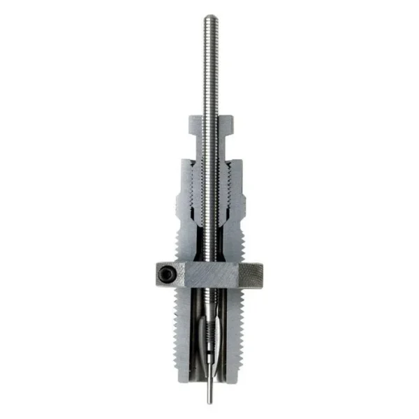 Hornady Custom Grade Series III Sizer Die, silver front view with threaded stem and knurled body