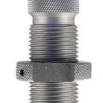 Hornady Taper Crimp Die, front view of silver threaded die with knurled adjustment rings