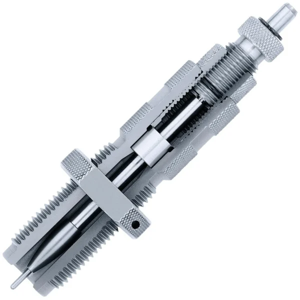 Hornady Match Grade Full-Length Sizer Die, angled cutaway view showing silver internal parts