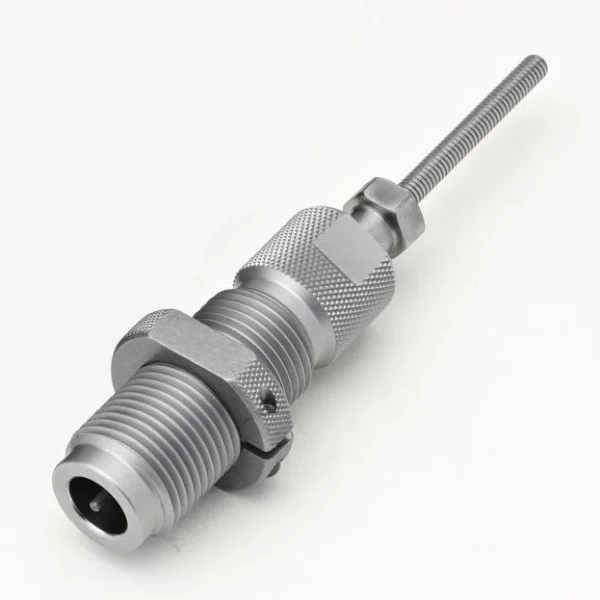Hornady Custom Grade New Dimension Series III sizer die, angled view with silver threaded body