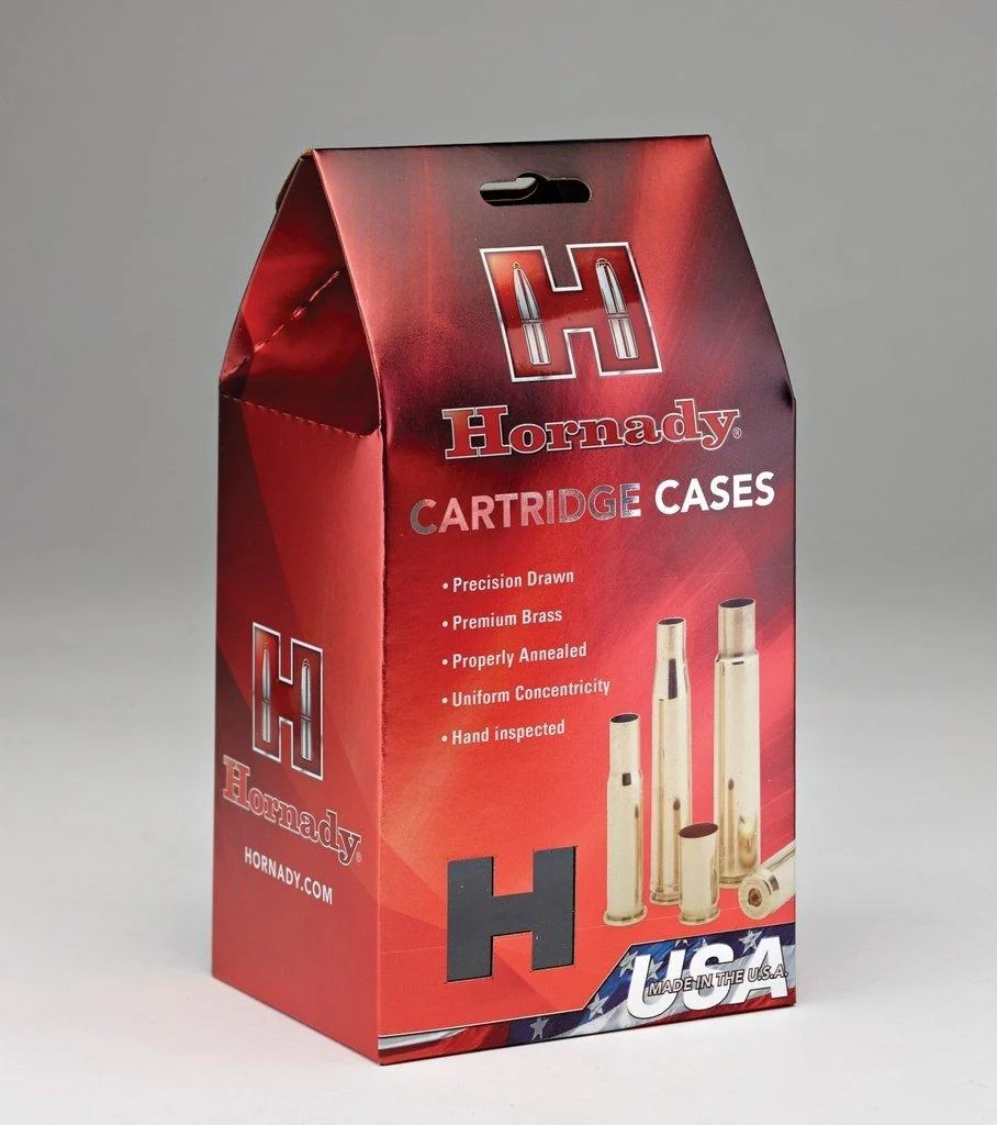 primary-30374 Hornady Unprimed Brass Rifle Cartridge Cases .22 Creedmoor 50/rd, red box, front angled view