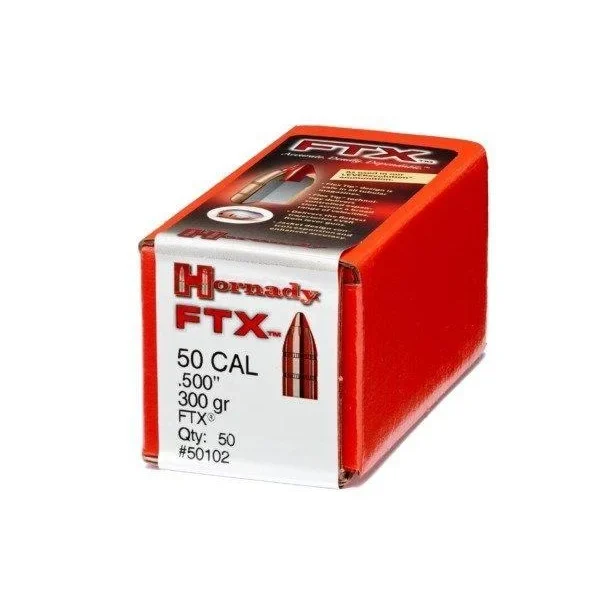 Hornady FTX handgun bullets, red and white retail box shown from the front and side
