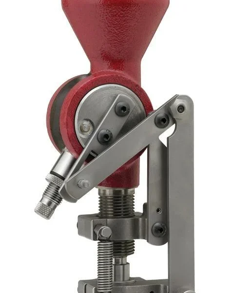 Hornady Case Activated Powder Drop, front view with red hopper and silver linkage