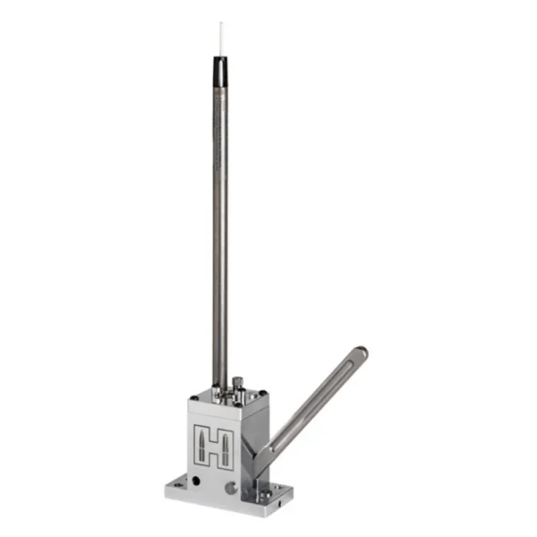 Hornady Versa-Prime Bench Mounted Priming Tool, silver tool with vertical rod and angled lever