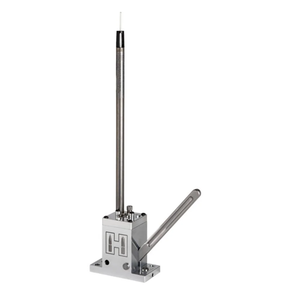 primary-30424 Hornady Versa-Prime Bench Mounted Priming Tool, silver tool with vertical rod and angled lever
