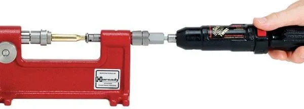 Hornady Cam Lock Power Trimmer Adapter, red fixture with black hand crank
