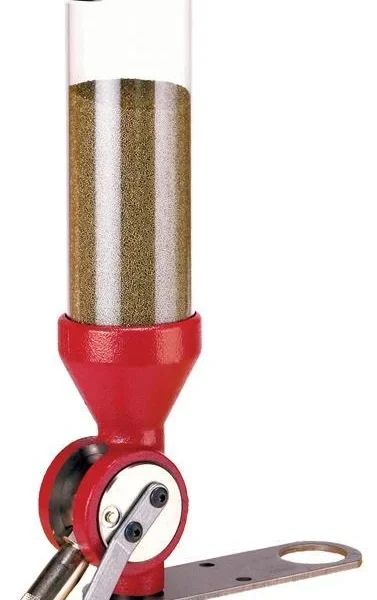 Hornady Lock-N-Load Bench Rest Powder Measure, red and clear upright measure with metal crank
