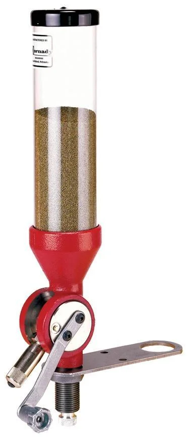 primary-30434 Hornady Lock-N-Load Bench Rest Powder Measure, red and clear upright measure with metal crank