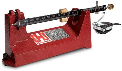primary-30435 Hornady Balance Beam Scale, red angled front view with black beam and metal pan
