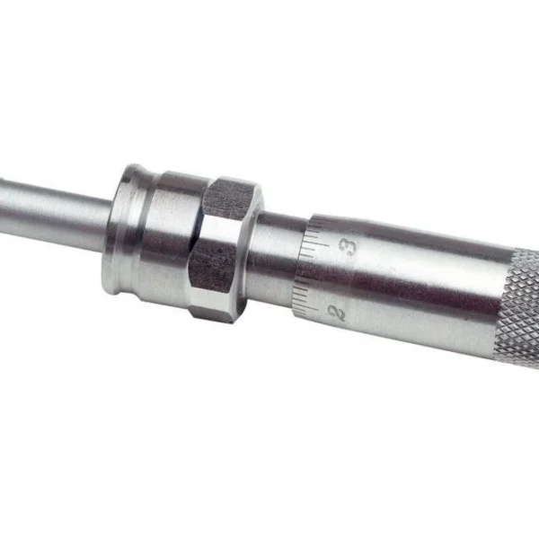 Hornady Pistol Micrometer for New Rotor, angled view of silver micrometer with knurled end