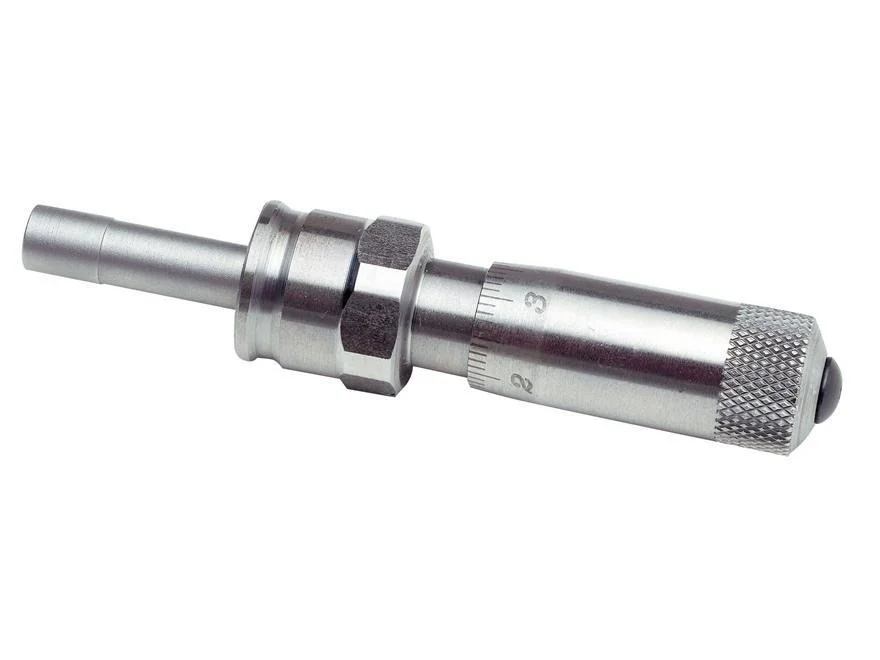 primary-30446 Hornady Pistol Micrometer for New Rotor, angled view of silver micrometer with knurled end