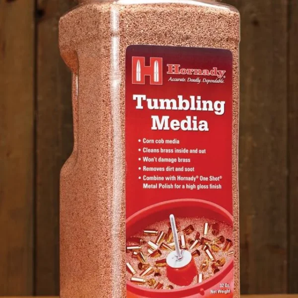 Hornady One Shot Tumbler Media, front view of clear jar with white lid and red label