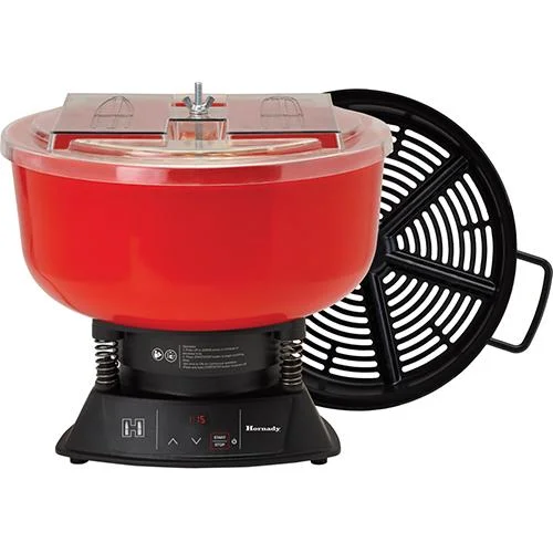 primary-30461 Hornady Magnum Digital Vibratory Tumbler, front view with red bowl, clear lid and black separator
