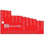 Hornady Universal Trim Length Gauge, red flat gauge with stepped edge and white cartridge labels