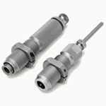 Hornady Custom Grade Series I Rifle 2-Die Set, two silver threaded dies in angled view