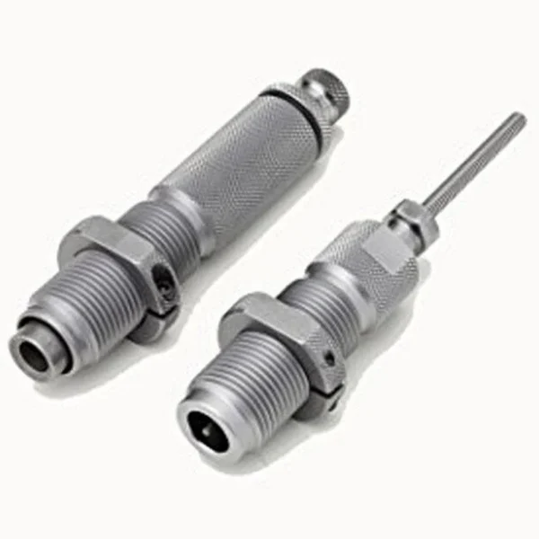 Hornady Custom Grade Series I Rifle 2-Die Set, two silver threaded dies in angled view
