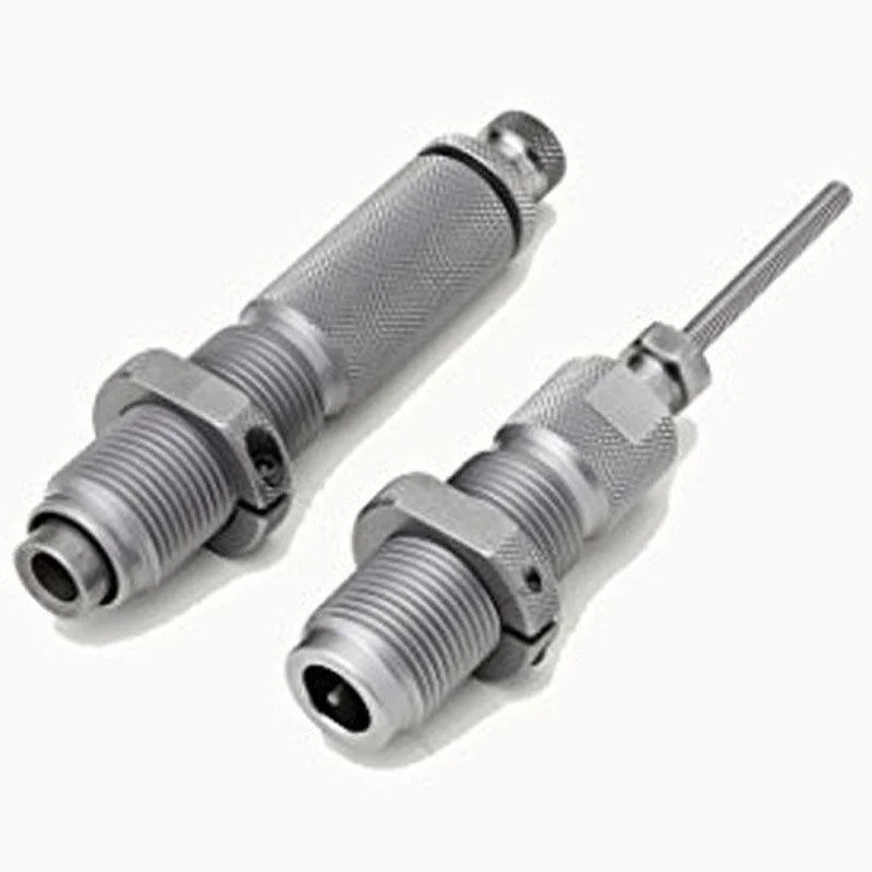 primary-30551 Hornady Custom Grade Series I Rifle 2-Die Set, two silver threaded dies in angled view