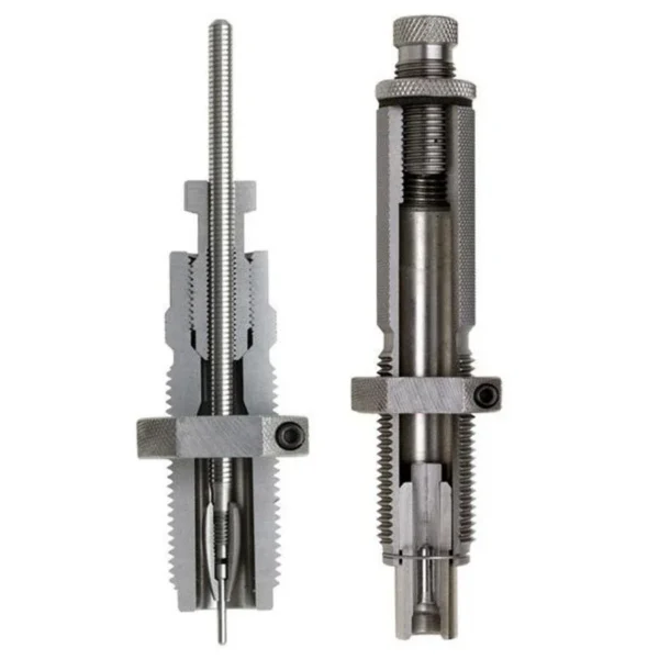 Hornady Custom Grade New Dimension Series I Rifle 2-Die Set, two silver dies, side view