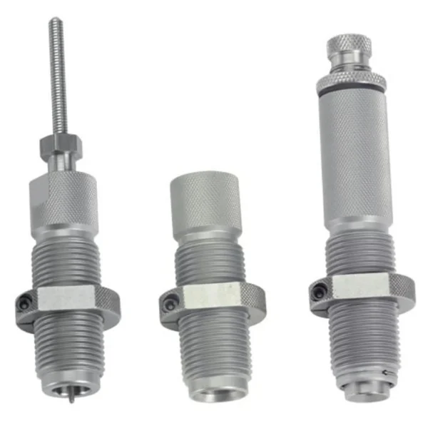 Hornady Custom Grade New Dimension Series II 3-Die Set, three silver dies standing upright