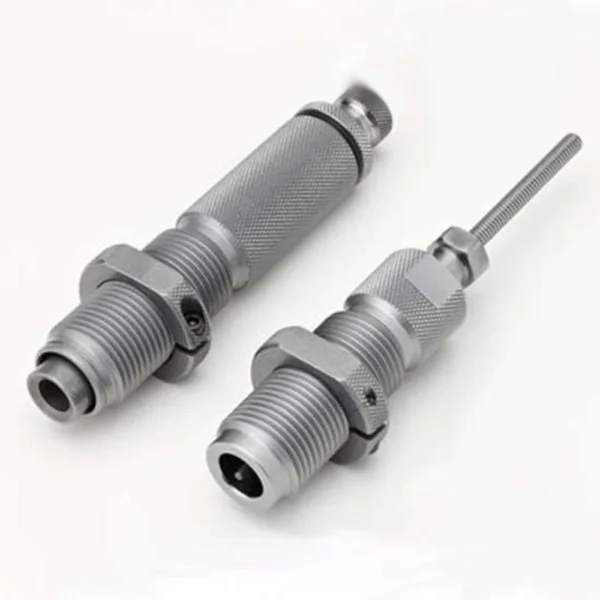 Hornady Rifle Die Set .35 Whelen, two silver threaded reloading dies in angled view