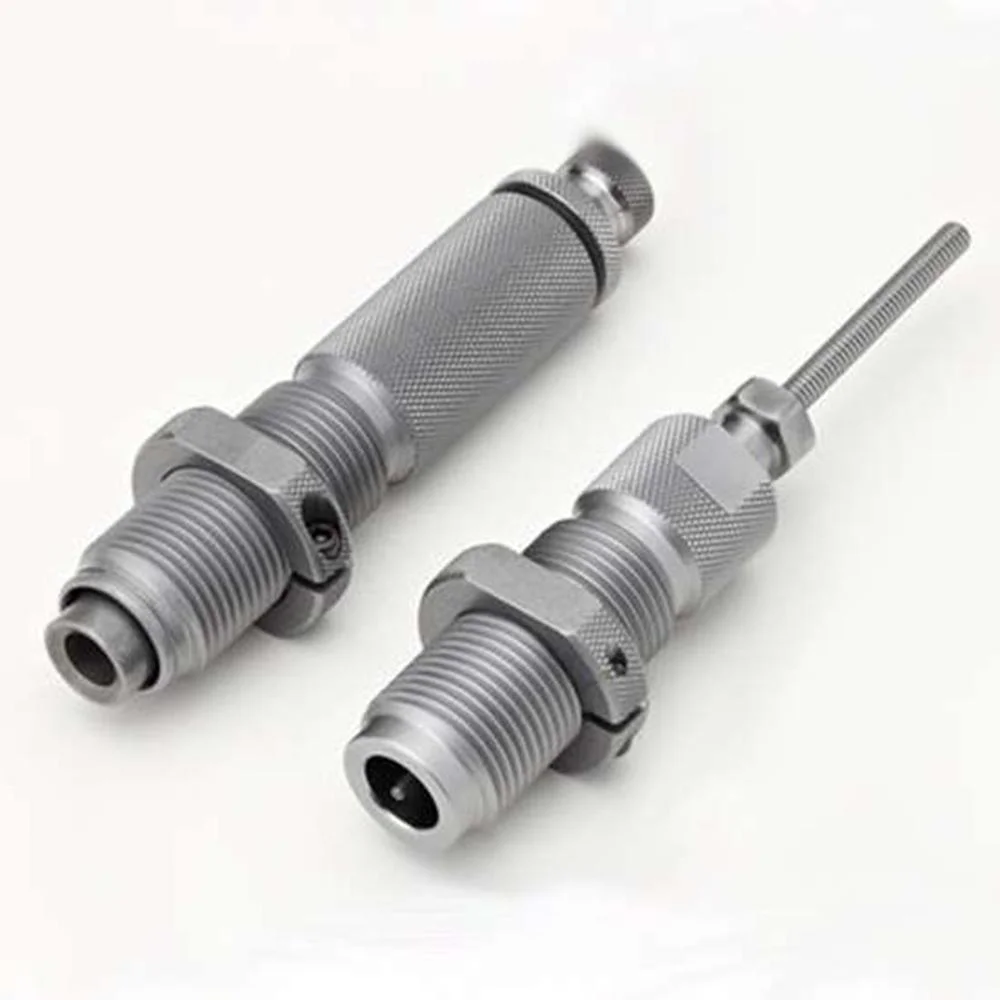 primary-30576 Hornady Rifle Die Set .35 Whelen, two silver threaded reloading dies in angled view