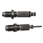 Hornady Custom Grade New Dimension Series III Die Set, two dark metal dies in side view