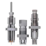Hornady Custom Grade New Dimension Pistol 3-Die Set, three silver threaded dies upright