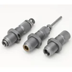 Hornady 3-Die Pistol Taper Crimp Die Set 9mm, three silver dies in angled view