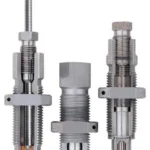 Hornady Custom Grade New Dimension Pistol 3-Die Set, three silver dies upright